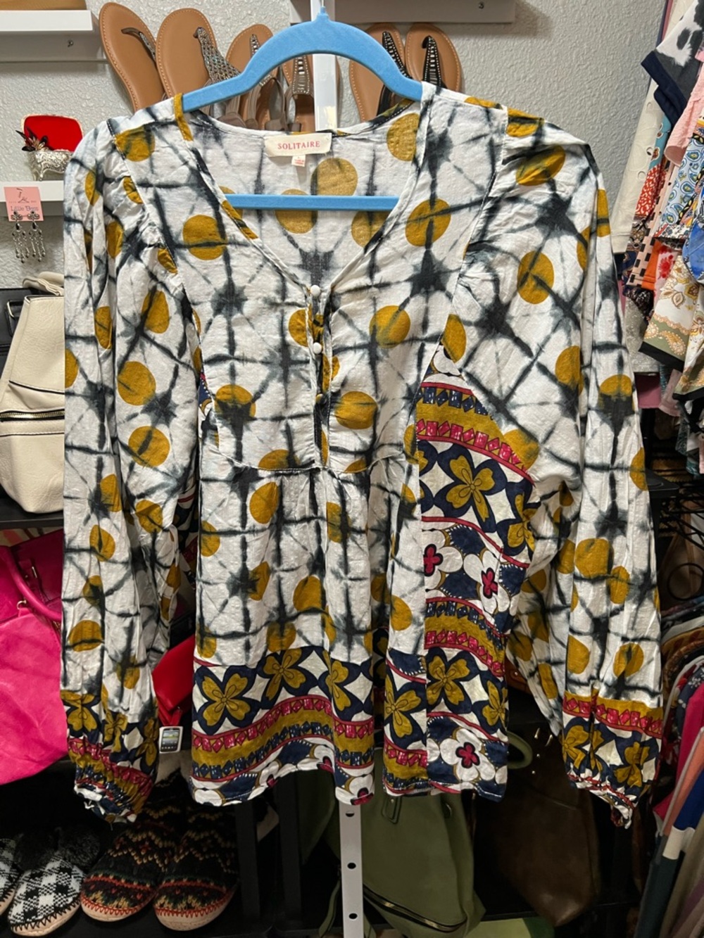 Solitaire Yellow & Black Tie-Dye Print Boho Peasant Top